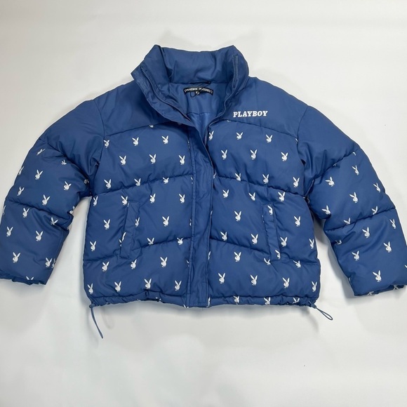 PLAYBOY Jackets & Blazers - Playboy x Missguided Blue Logo Puffer Jacket Y2K Streetwear Size 8 Cropped Coat